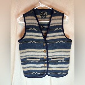 At Last Co Vtg Wool Blend Vest Size M Blue white Stripe Wooden Buttons Unisex
